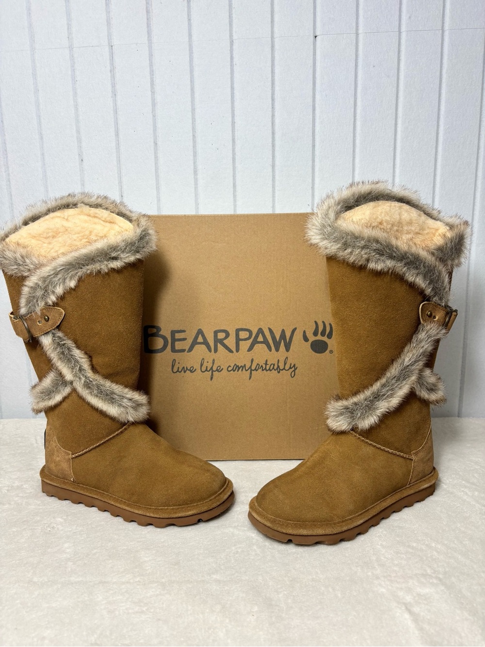 BearPaw Chestnut Suede Faux Fur Trim Tall Boots Size 5